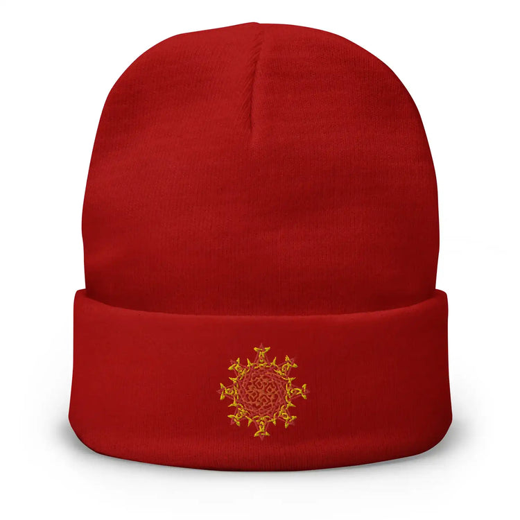 A red Xigfireon knit beanie embroidered with the Fire Colour iteration of the `Morning Star Fire` Celtic knot design.