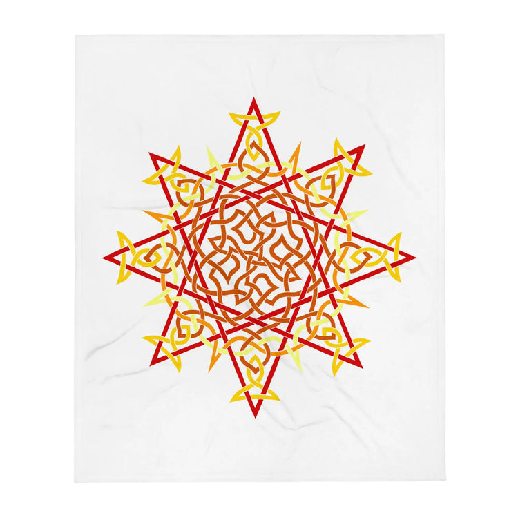 A 50 inch by 60 inch Xigfireon throw blanket featuring the Fire Colour Flat iteration of the `Morning Star Fire` Celtic knot design. The `Morning Star Fire` Celtic knot represents the Sun.