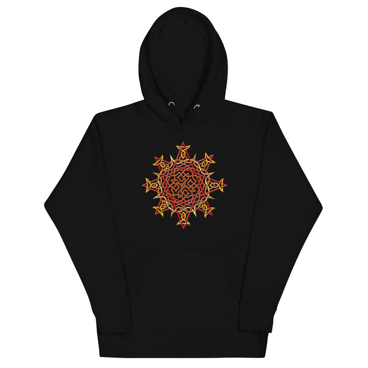 A black Xigfireon graphic hoodie featuring the Fire Colour iteration of the `Morning Star Fire` Celtic knot design. The `Morning Star Fire` Celtic knot represents our brilliant Father Sun.