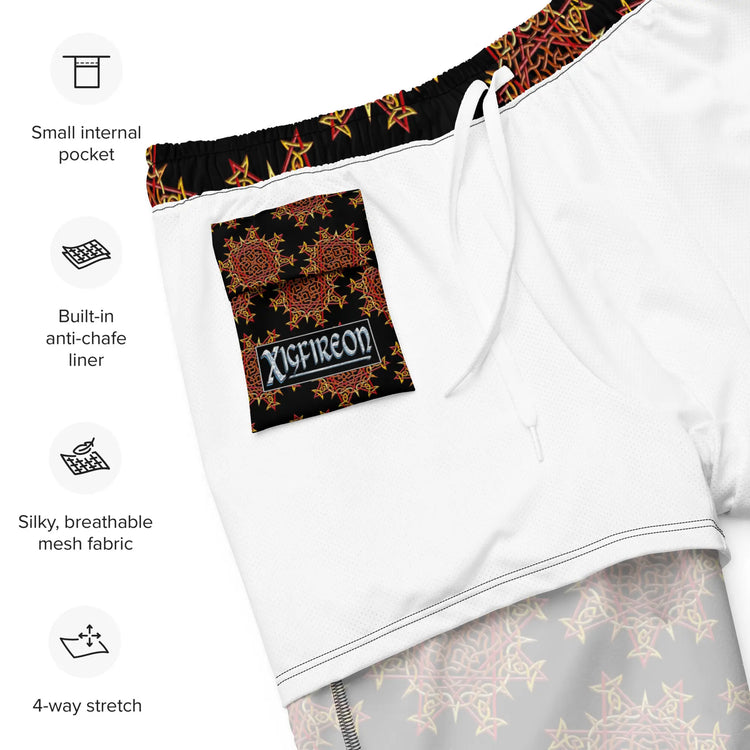 A list of product features beside a photo of the inside of a pair of Xigfireon graphic swim trunks featuring the Fire Colour Black (small) patterned series of the `Morning Star Fire` Celtic knot design. Features include small internal pocket, built-in anti-chafe liner, silky, breathable mesh fabric, and 4-way stretch. The Xigfireon logo is visible on the inside pocket.