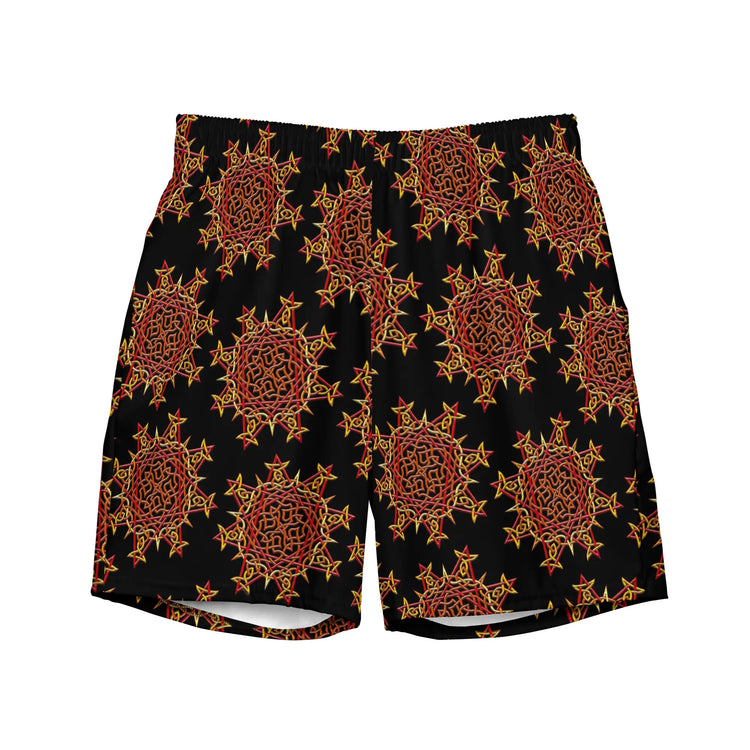 The front side of a pair of Xigfireon graphic swim trunks featuring the Fire Colour Black (small) patterned series of the `Morning Star Fire` Celtic knot design.