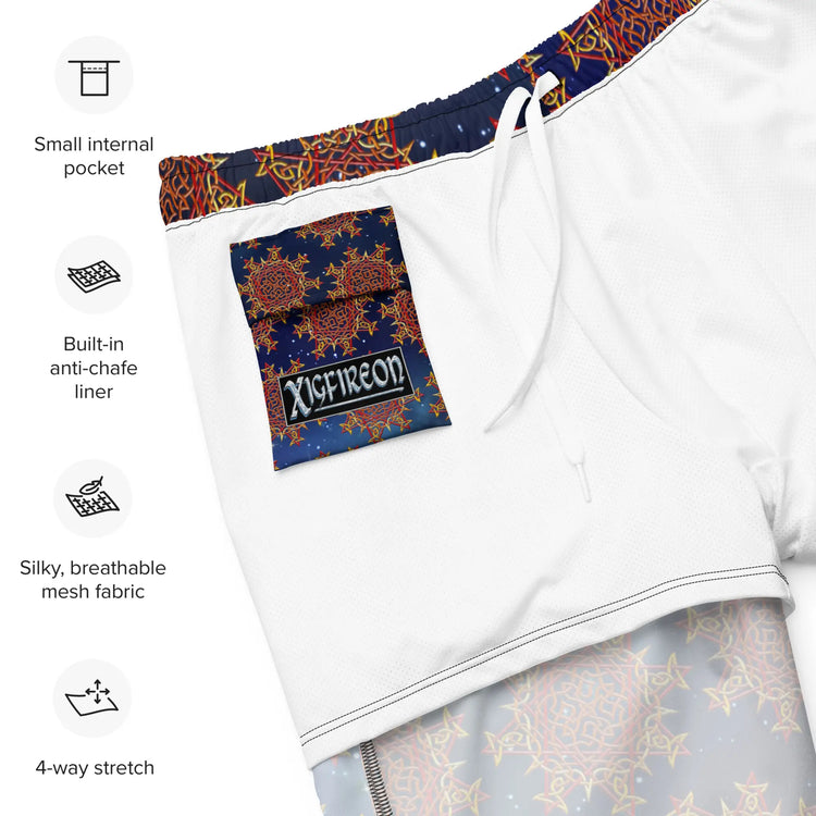 A list of product features beside a photo of the inside of a pair of Xigfireon graphic swim trunks featuring the Fire Colour Cosmos (small) patterned series of the `Morning Star Fire` Celtic knot design. Features include small internal pocket, built-in anti-chafe liner, silky, breathable mesh fabric, and 4-way stretch. The Xigfireon logo is visible on the inside pocket.