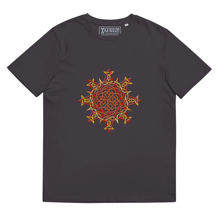 An anthracite Xigfireon graphic organic cotton t-shirt featuring the Fire Colour iteration of the `Morning Star Fire` Celtic knot design. The `Morning Star Fire` Celtic knot represents our benevolent Father Sun.