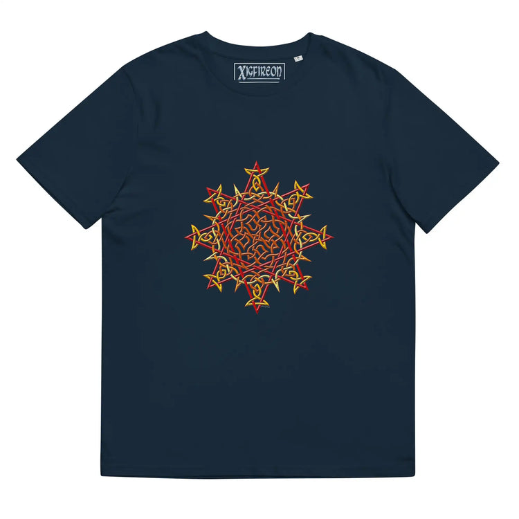 A French navy blue Xigfireon graphic organic cotton t-shirt featuring the Fire Colour iteration of the `Morning Star Fire` Celtic knot design. The `Morning Star Fire` Celtic knot represents our benevolent Father Sun.