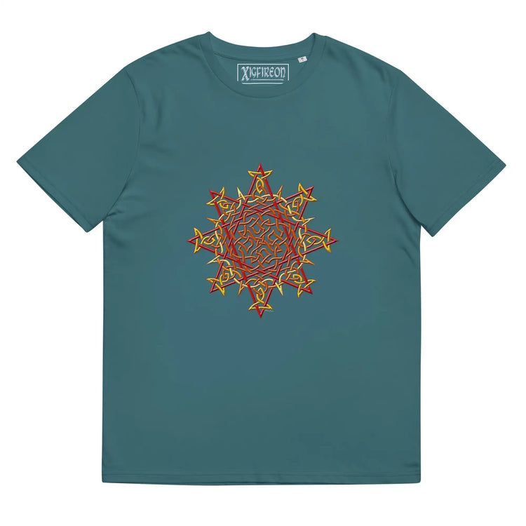 A stargazer Xigfireon graphic organic cotton t-shirt featuring the Fire Colour iteration of the `Morning Star Fire` Celtic knot design. The `Morning Star Fire` Celtic knot represents our benevolent Father Sun.