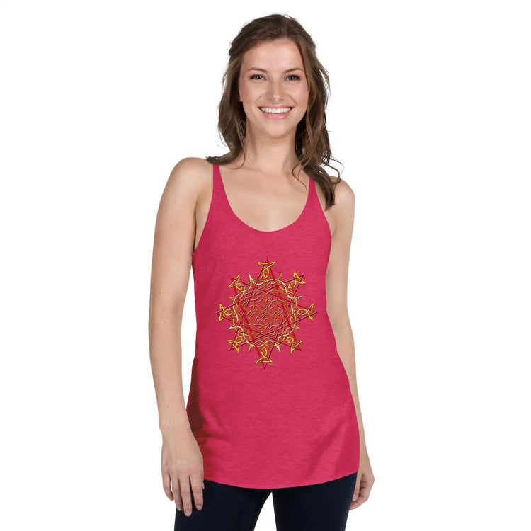 A young woman, viewed from the front, wearing a vintage shocking pink Xigfireon graphic women&