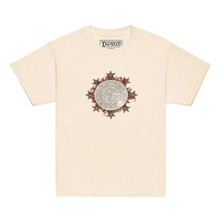 A natural Xigfireon kids graphic t-shirt featuring the Eclipsed iteration of the `Morning Star Fire` Celtic knot design. The `Morning Star Fire` Celtic knot represents the sun.