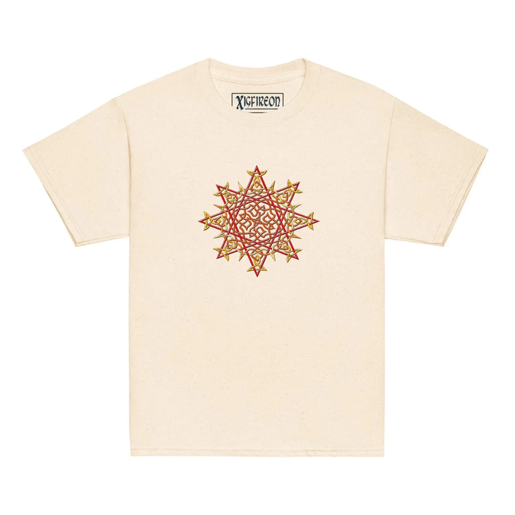 A natural Xigfireon kids graphic t-shirt featuring the Fire Colour iteration of the `Morning Star Fire` Celtic knot design. The `Morning Star Fire` Celtic knot symbolizes Father Sun and the eternal Cosmic Light.