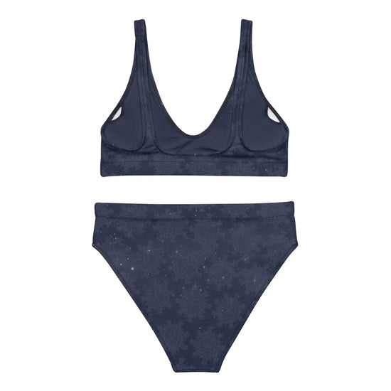 The back side of a Xigfireon graphic bikini featuring the Midnight Blue Cosmos patterned series of the `Morning Star Fire` Celtic knot design.