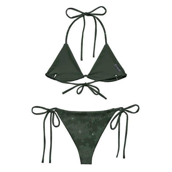 A view of the inside of a string bikini featuring the Midnight Green Solid Cosmos iteration of the `Morning Star Fire` Celtic knot pattern.