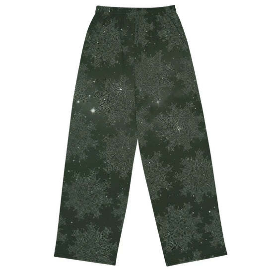 The back side of a pair of Xigfireon graphic wide leg pants featuring the Midnight Green Cosmos patterned series of the `Morning Star Fire` Celtic knot design.