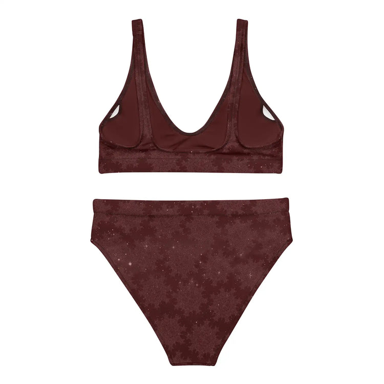 The back side of a Xigfireon graphic bikini featuring the Midnight Red Cosmos patterned series of the `Morning Star Fire` Celtic knot design.