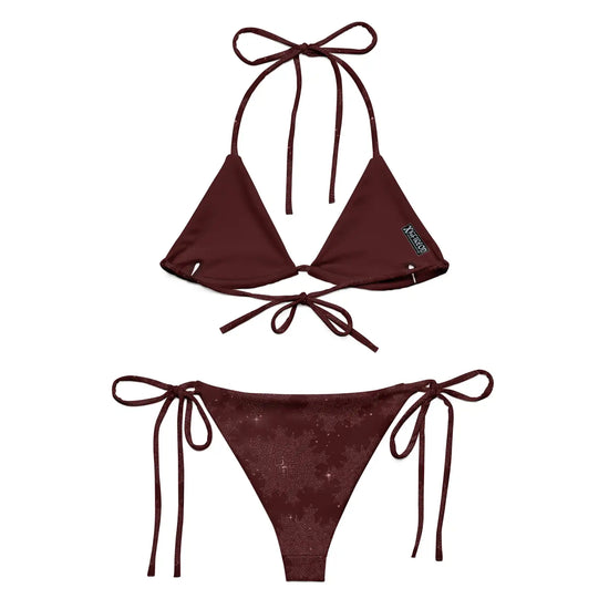 A view of the inside of a Xigfireon string bikini featuring the Midnight Red Cosmos iteration of the `Morning Star Fire` Celtic knot pattern.