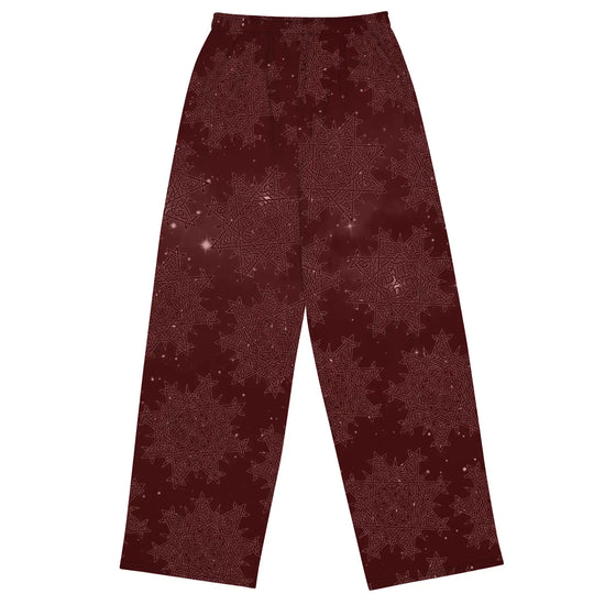 The back side of a pair of Xigfireon graphic wide leg pants featuring the Midnight Red Cosmos patterned series of the `Morning Star Fire` Celtic knot design.