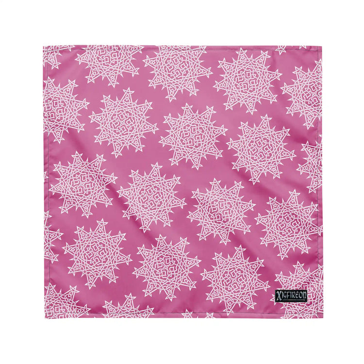A medium Xigfireon bandana adorned with the Pink and White patterned series of the `Morning Star Fire` Celtic knot design.
