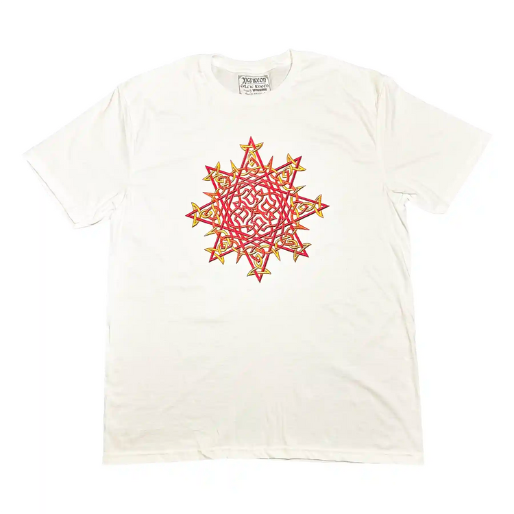 A white Xigfireon graphic t-shirt featuring a screen printed version of the Fire Colour iteration of the `Morning Star Fire` Celtic knot design.