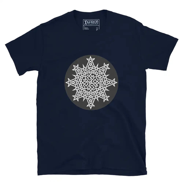 A navy blue Xigfireon graphic t-shirt featuring the Black & White Circle iteration of the `Morning Star Fire` Celtic knot design. The `Morning Star Fire` Celtic knot represents Father Sun and the eternal Cosmic Light.