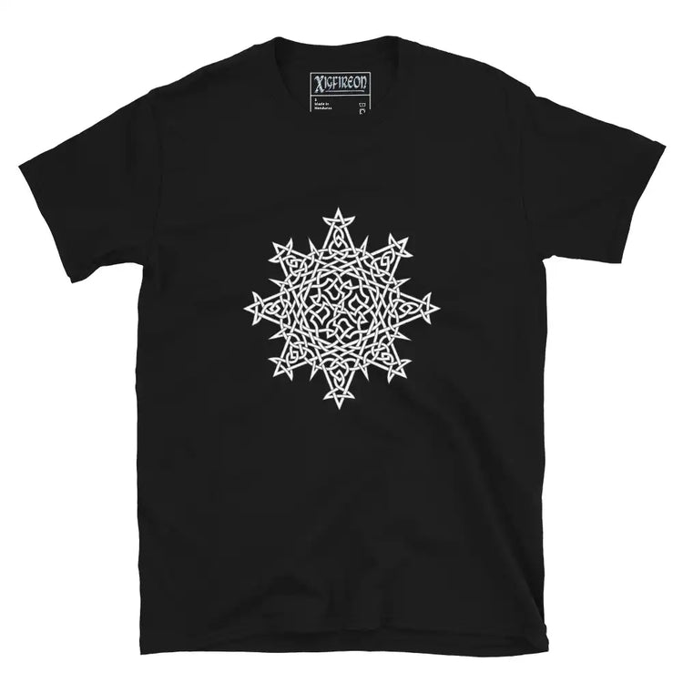 A black Xigfireon graphic t-shirt featuring the Black & White Hollow iteration of the `Morning Star Fire` Celtic knot design. The `Morning Star Fire` Celtic knot symbolizes the Sun.