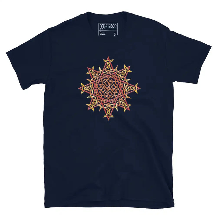 A navy blue Xigfireon graphic t-shirt featuring the Fire Colour iteration of the `Morning Star Fire` Celtic knot design. The `Morning Star Fire` Celtic knot symbolizes Father Sun and the eternal Cosmic Light.