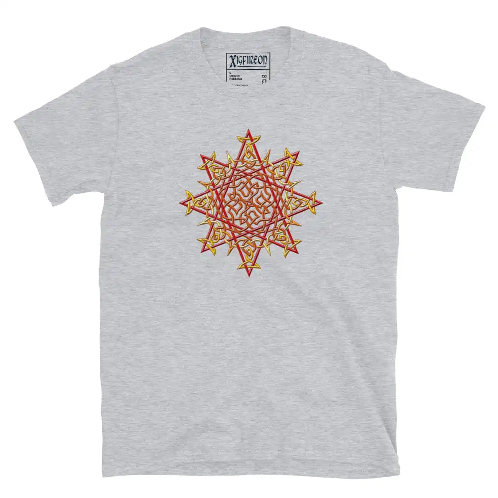 A sport grey Xigfireon graphic t-shirt featuring the Fire Colour iteration of the `Morning Star Fire` Celtic knot design. The `Morning Star Fire` Celtic knot symbolizes Father Sun and the eternal Cosmic Light.