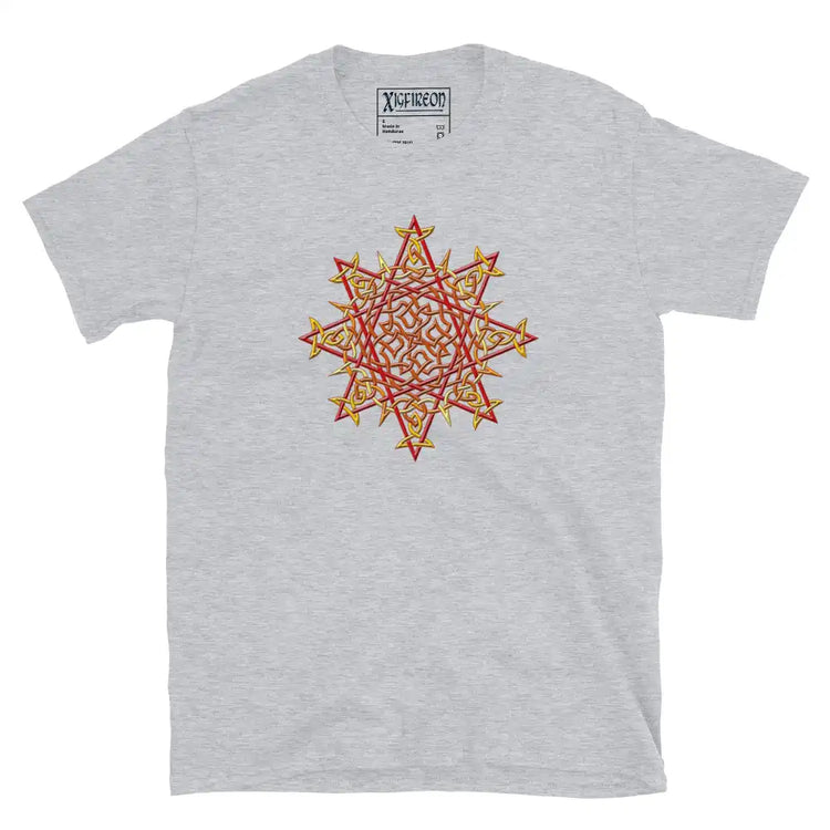 A sport grey Xigfireon graphic t-shirt featuring the Fire Colour iteration of the `Morning Star Fire` Celtic knot design. The `Morning Star Fire` Celtic knot symbolizes Father Sun and the eternal Cosmic Light.