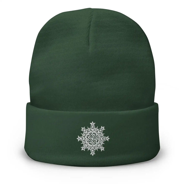A dark green Xigfireon knit beanie embroidered with the White iteration of the `Morning Star Fire` Celtic knot design.
