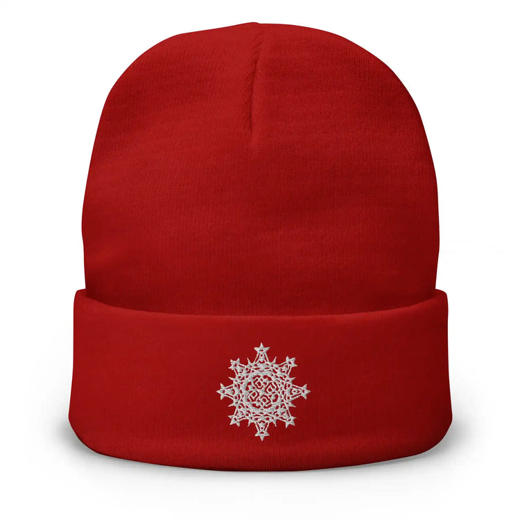 A red Xigfireon knit beanie embroidered with the White iteration of the `Morning Star Fire` Celtic knot design.