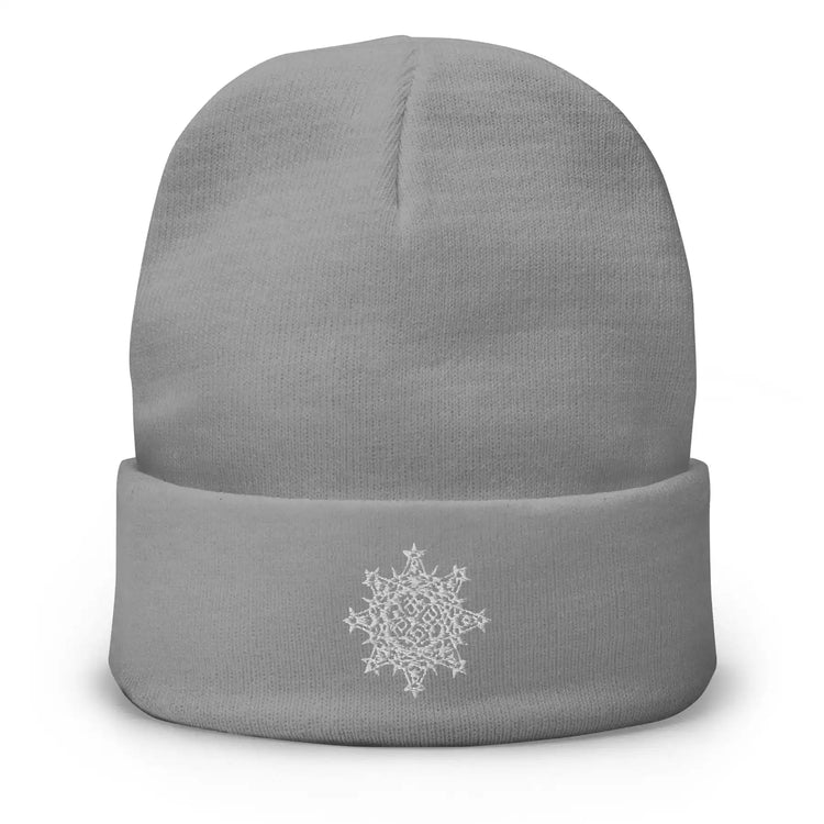 A grey Xigfireon knit beanie embroidered with the White iteration of the `Morning Star Fire` Celtic knot design.