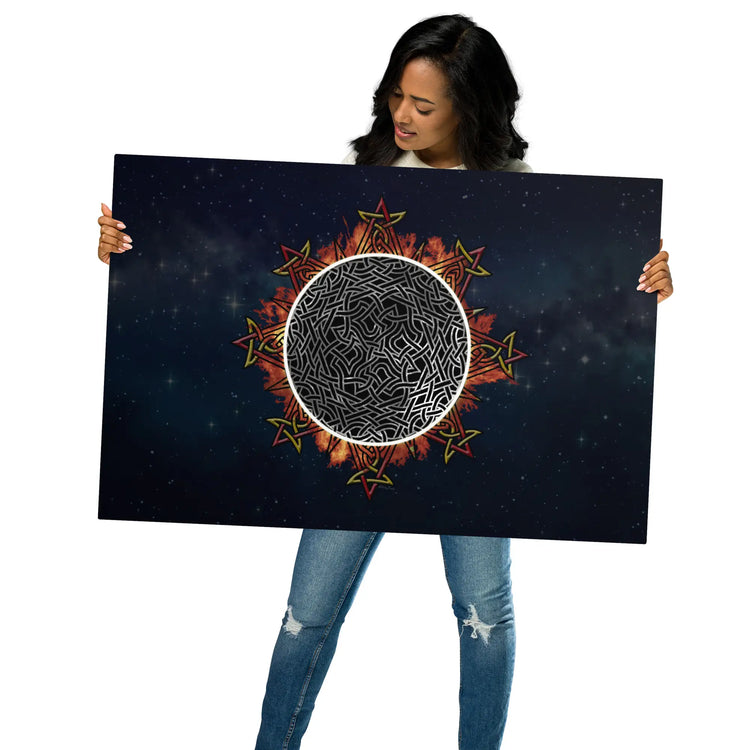 A young woman holding a 24" x 36" glossy metal print of Xigfireon&