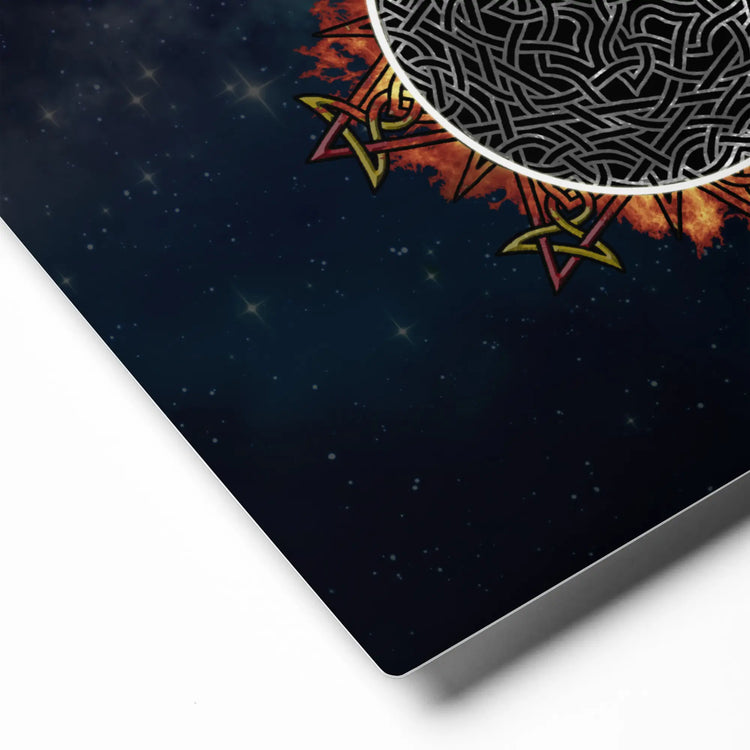 A close-up view of the corner of an 8" x 10" glossy metal print of Xigfireon&