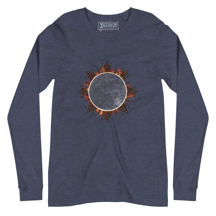 A heather navy blue Xigfireon long sleeve graphic tee featuring the Eclipsed iteration of the `Morning Star Fire` Celtic knot design, inspired by the 2023 Annular Solar Eclipse.