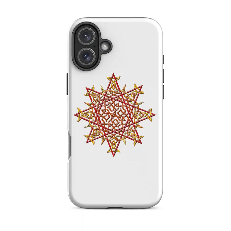An iPhone 16 Plus in a Xigfireon matte white tough phone case featuring the Fire Colour iteration of the `Morning Star Fire` Celtic knot design. The `Morning Star Fire` Celtic knot represents Father Sun.