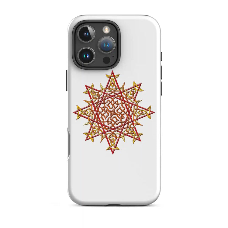 An iPhone 16 Pro Max in a Xigfireon matte white tough phone case featuring the Fire Colour iteration of the `Morning Star Fire` Celtic knot design. The `Morning Star Fire` Celtic knot represents Father Sun.