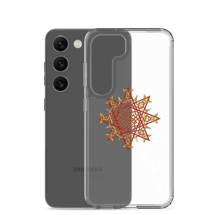 A Samsung Galaxy S23 behind a Xigfireon clear phone case featuring the Fire Colour iteration of the `Morning Star Fire` Celtic knot design. The `Morning Star Fire` Celtic knot design symbolizes Father Sun.