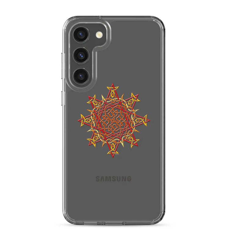 A Samsung Galaxy S23 Plus in a Xigfireon clear phone case featuring the Fire Colour iteration of the `Morning Star Fire` Celtic knot design. The `Morning Star Fire` Celtic knot design represents the Sun.