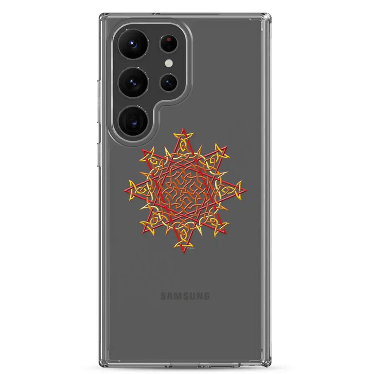 A Samsung Galaxy S23 Ultra in a Xigfireon clear phone case featuring the Fire Colour iteration of the `Morning Star Fire` Celtic knot design. The `Morning Star Fire` Celtic knot design represents the Sun.
