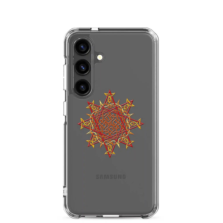 A Samsung Galaxy S24 in a Xigfireon clear phone case featuring the Fire Colour iteration of the `Morning Star Fire` Celtic knot design. The `Morning Star Fire` Celtic knot design represents the Sun.