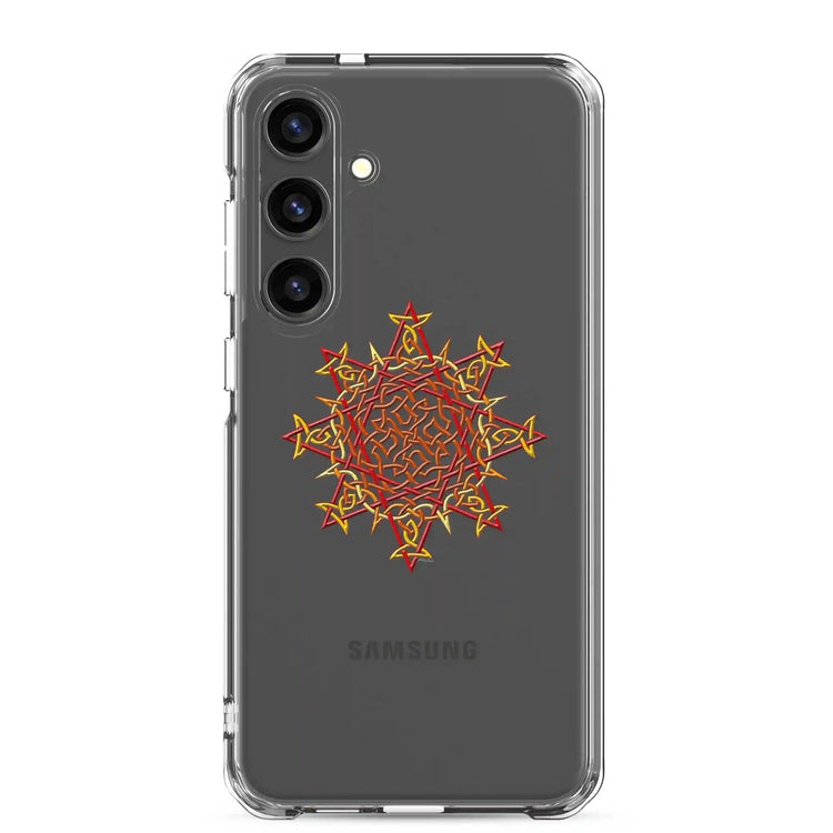A Samsung Galaxy S24 Plus in a Xigfireon clear phone case featuring the Fire Colour iteration of the `Morning Star Fire` Celtic knot design. The `Morning Star Fire` Celtic knot design represents the Sun.