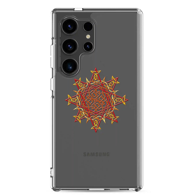 A Samsung Galaxy S24 Ultra in a Xigfireon clear phone case featuring the Fire Colour iteration of the `Morning Star Fire` Celtic knot design. The `Morning Star Fire` Celtic knot design represents the Sun.