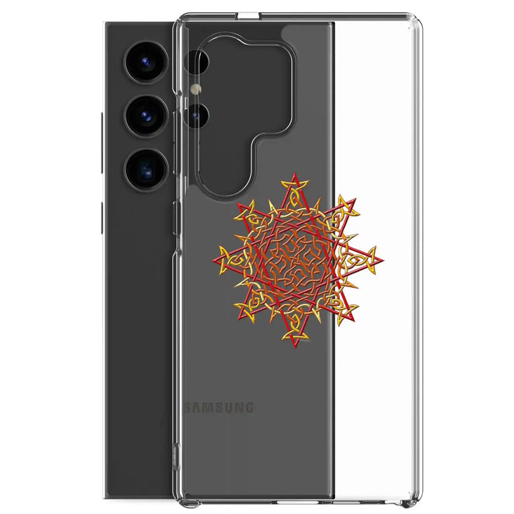 A Samsung Galaxy S24 Ultra behind a Xigfireon clear phone case featuring the Fire Colour iteration of the `Morning Star Fire` Celtic knot design. The `Morning Star Fire` Celtic knot design symbolizes Father Sun.