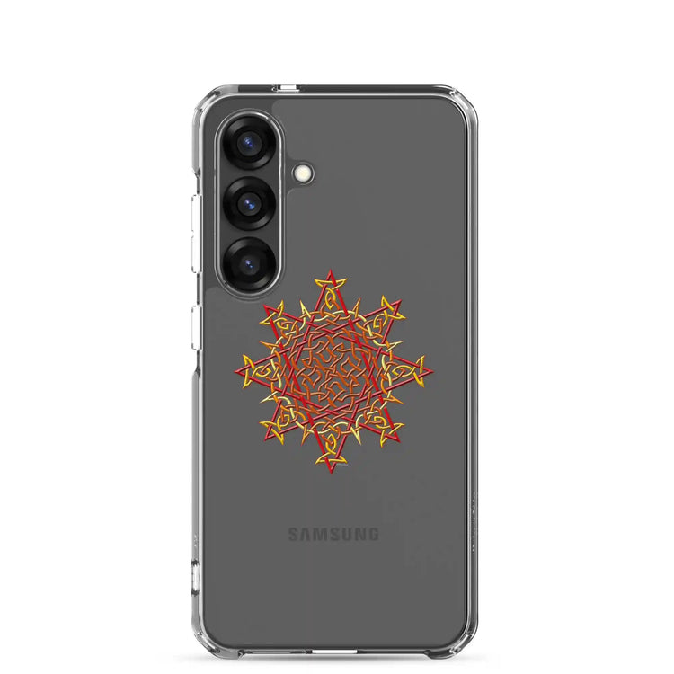 A Samsung Galaxy S25 in a Xigfireon clear phone case featuring the Fire Colour iteration of the `Morning Star Fire` Celtic knot design. The `Morning Star Fire` Celtic knot design represents the Sun.