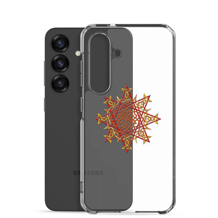 A Samsung Galaxy S25 behind a Xigfireon clear phone case featuring the Fire Colour iteration of the `Morning Star Fire` Celtic knot design. The `Morning Star Fire` Celtic knot design symbolizes Father Sun.