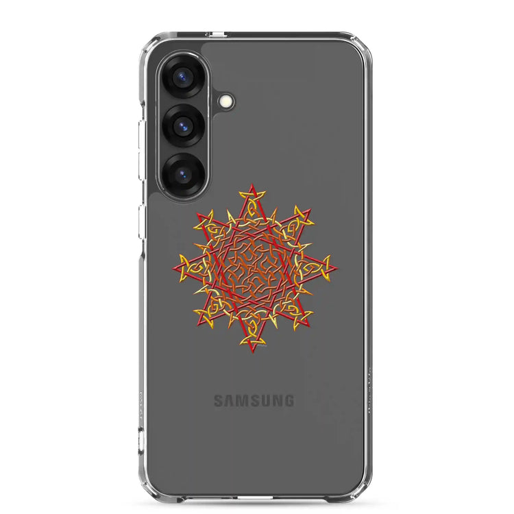 A Samsung Galaxy S25 Plus in a Xigfireon clear phone case featuring the Fire Colour iteration of the `Morning Star Fire` Celtic knot design. The `Morning Star Fire` Celtic knot design represents the Sun.