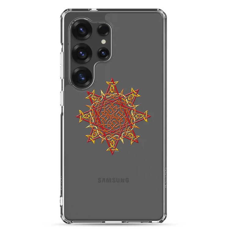 A Samsung Galaxy S25 Ultra in a Xigfireon clear phone case featuring the Fire Colour iteration of the `Morning Star Fire` Celtic knot design. The `Morning Star Fire` Celtic knot design represents the Sun.
