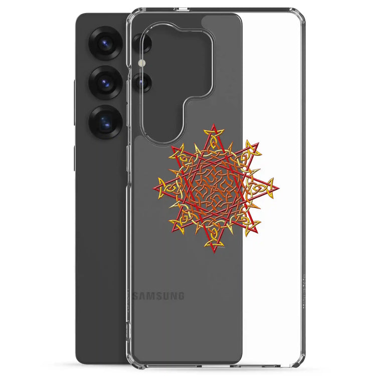 A Samsung Galaxy S25 Ultra behind a Xigfireon clear phone case featuring the Fire Colour iteration of the `Morning Star Fire` Celtic knot design. The `Morning Star Fire` Celtic knot design symbolizes Father Sun.