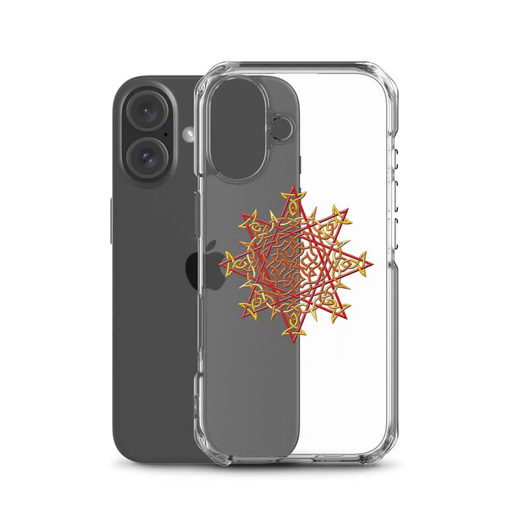 An iPhone 16 behind a Xigfireon clear phone case featuring the Fire Colour iteration of the `Morning Star Fire` Celtic knot design. The `Morning Star Fire` Celtic knot design represents Father Sun.