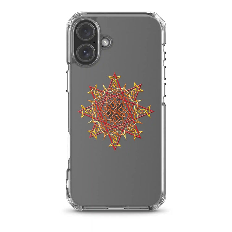 An iPhone 16 Plus in a Xigfireon clear phone case featuring the Fire Colour iteration of the `Morning Star Fire` Celtic knot design. The `Morning Star Fire` Celtic knot design symbolizes the Sun.
