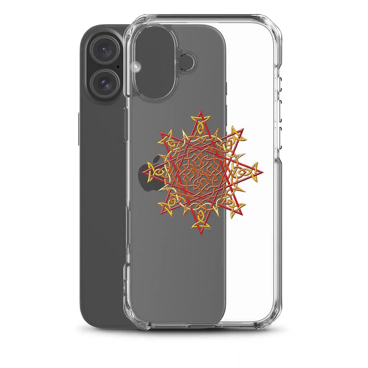 An iPhone 16 Plus behind a Xigfireon clear phone case featuring the Fire Colour iteration of the `Morning Star Fire` Celtic knot design. The `Morning Star Fire` Celtic knot design represents Father Sun.