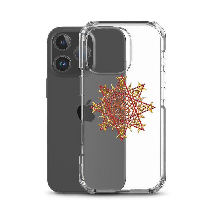 An iPhone 16 Pro behind a Xigfireon clear phone case featuring the Fire Colour iteration of the `Morning Star Fire` Celtic knot design. The `Morning Star Fire` Celtic knot design represents Father Sun.