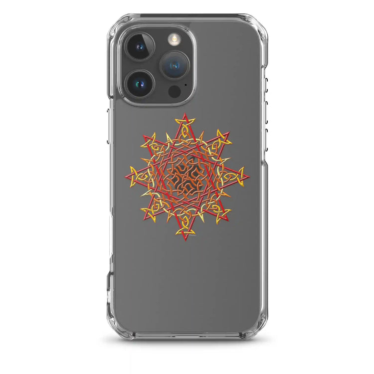 An iPhone 16 Pro Max in a Xigfireon clear phone case featuring the Fire Colour iteration of the `Morning Star Fire` Celtic knot design. The `Morning Star Fire` Celtic knot design symbolizes the Sun.